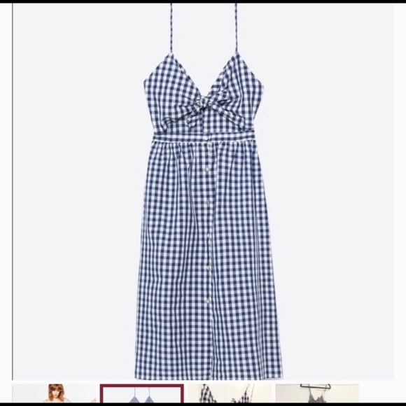 ZARA Navy Gingham Checked Cutout Midi Dress - Picture 5 of 7